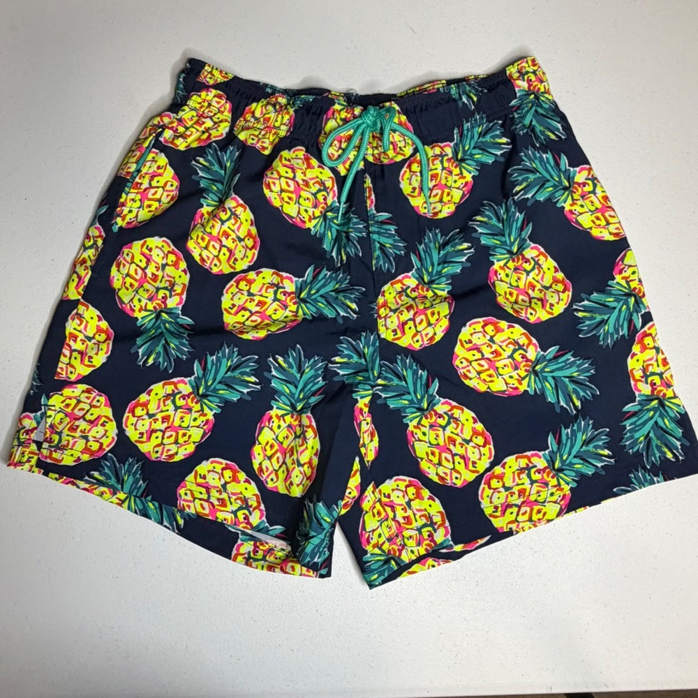 George Swim‎ Trunks Medium Navy Blue Pineapple Print Elastic Waist Drawstring